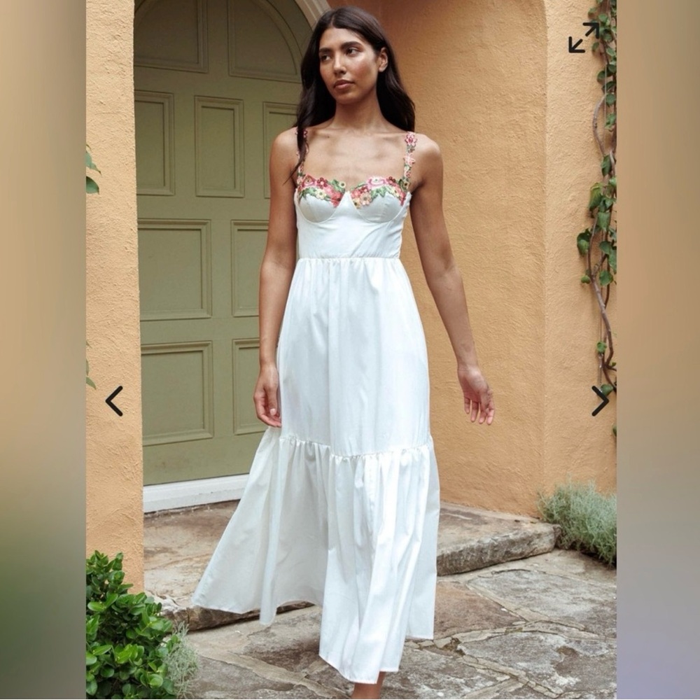 Selfie Leslie White Maxi Dress with Pink Floral Trim